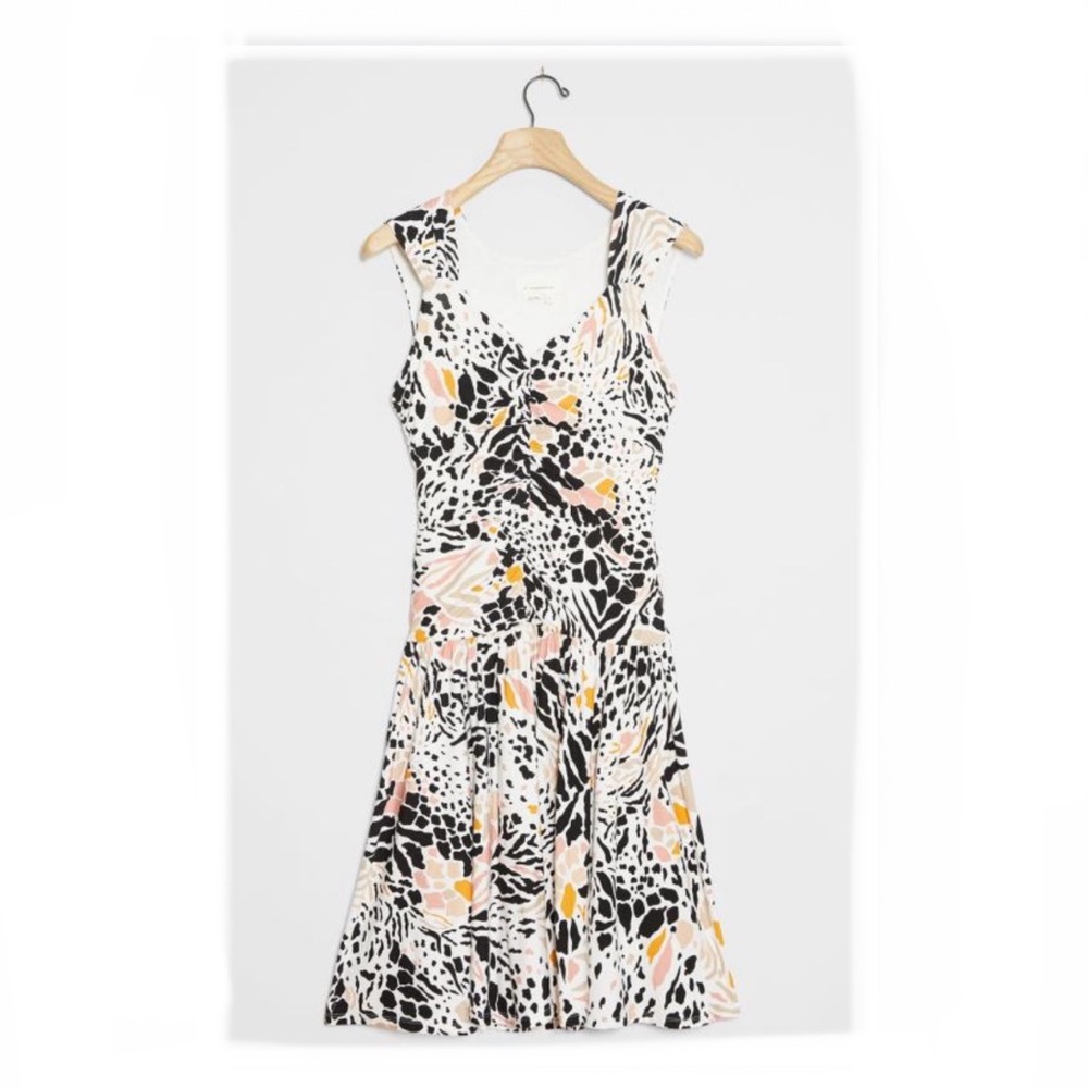 NWOT Anthropologie Ramona Dress Size M Ruched Jersey Stretchy White Animal Print